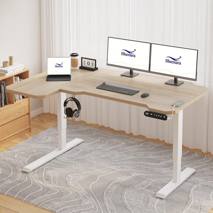 Електричний кутовий стіл з регулюванням висоти 150 см, L-подібний, з 4-ма пам'ятями, світлий дуб, для дому та офісу