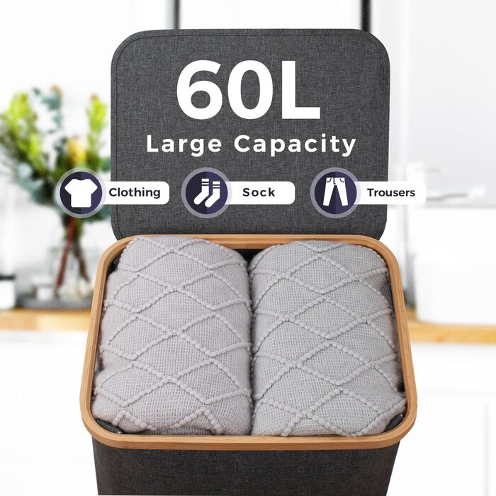 Кошик для білизни Rieeyrslza з кришкою, 158 л, бамбук, 2 знімні мішки для білизни, Oxford, складний, сортувальник, для ковдр та одягу (сірий)