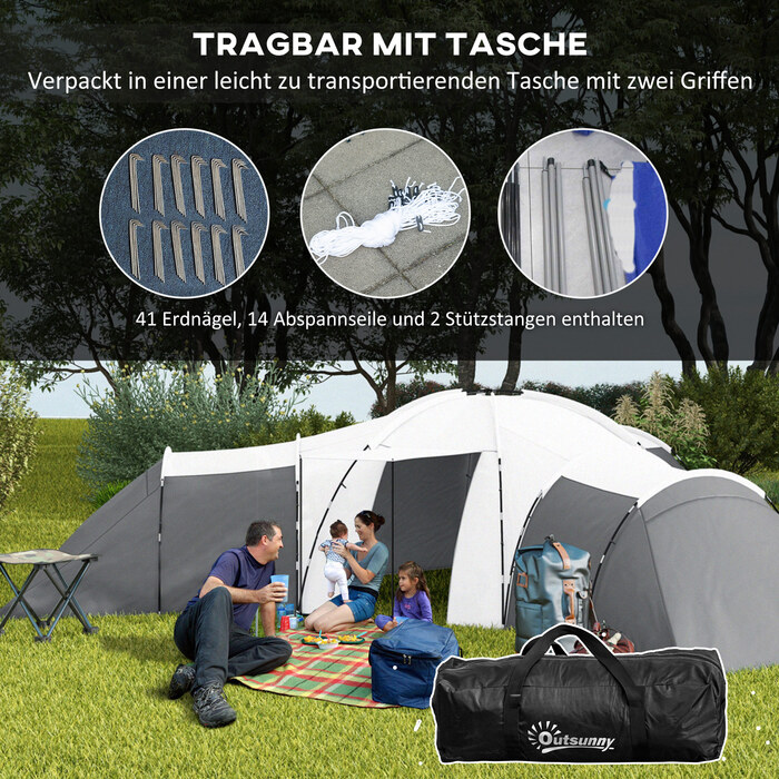 Кемпінговий намет Outsunny Tunnel Tent на 6-9 осіб з 3 спальнями, вітальнею та верандою, водяний стовп 2000 мм, сірий