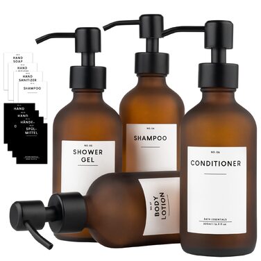 MONOKO Набір дозаторів для мила 4 шт. Чорний матовий, скло, 500 мл | Дозатори для шампуню, мила, кухні, з нержавіючою сталею | Pumpflasche + наклейки