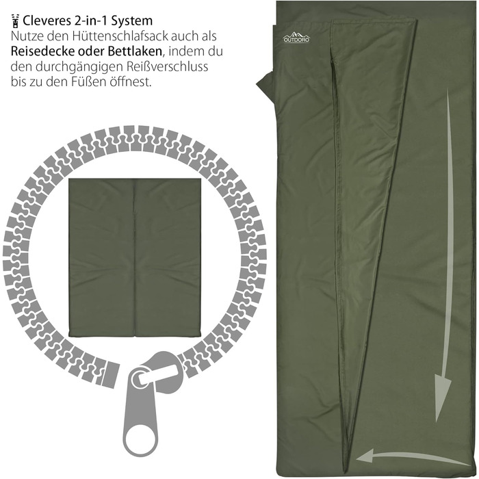 Спальний мішок Outdoro Cabin Sleeping Bag, надлегкий туристичний спальний мішок - всього 350 г з чистої бавовни з відділенням для подушки - тонкий і маленький - цокання, дорожнє простирадло зеленого кольору