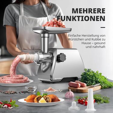 Електрична м'ясоподрібнювач AIRMSEN з насадкою для ковбас, 2 леза з нержавіючої сталі, 3 диски, аксесуар Куб, тихий промисловий двигун, для дому, нержавіюча сталь