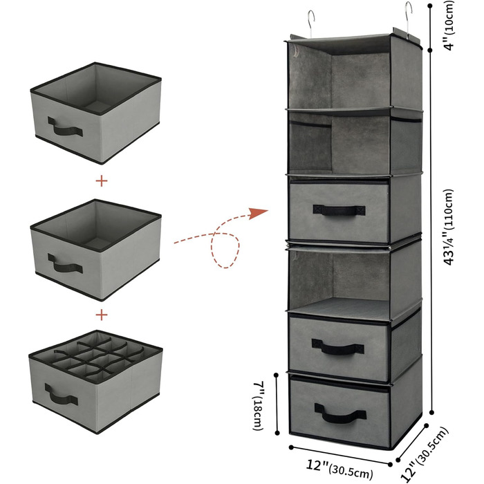 БАБУСЯ КАЖЕ Підвісний органайзер з висувними ящиками, 1 упаковка, підвісна полиця тканина для спальні (сіра роздільна)