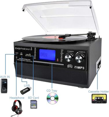 Вініловий програвач з Bluetooth, USB, CD та FM, 3 швидкості, вбудовані динаміки, функція кодування