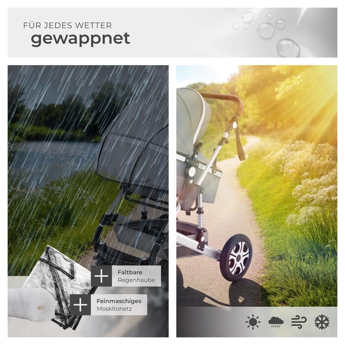 Дитяча коляска Tectake 2 в 1, розкладний візок-бугі з функцією ліжечка, з підставкою для ніг, візок з тримачем для напоїв, знімною колискою та дощовиком (Сірий)