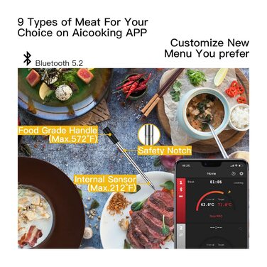 Термометр для м'яса бездротовий, з Bluetooth- Термометр для гриля бездротовий для дистанційного контролю гриля, духовки, фритюрниці, інтелектуальний термометр для м'яса, моніторинг APP до 50м.
