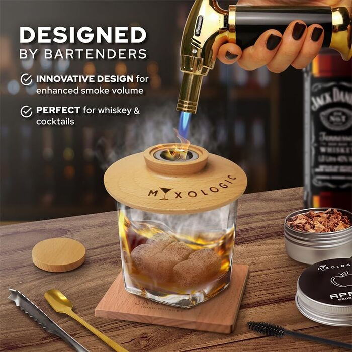 Комплект для копчення коктейлів MIXOLOGIC: набір для віскі, 6 дерев'яних чіпсів, камені для віскі та аксесуари для Old Fashioned