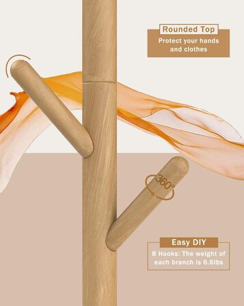 Вішалка для одягу Yawinhe у вигляді дерева з антиковзним покриттям, з масиву дерева, 180 см, 8 гачків, 3 регульовані висоти, для передпокою, 1 шт.