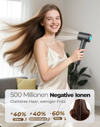 Іонний фен для волосся з дифузором, професійний стайлер 150 000 об/хв, 8 режимів температури з LED-дисплеєм, для кучерявого та густого волосся, чорний