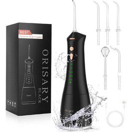 Електричний ірigator для порожнини рота Munddusche, 5 режимів, 5 насадок, 300 мл резервуар, перезаряджається, для чищення зубів та ясен, водонепроникний IPX7, чорний