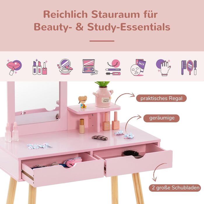 Дитячий туалетний столик COSTWAY 2-в-1 зі стільчиком та дзеркалом, з 2 шухлядами, гребінцем, для дівчаток 3-7 років (Рожевий)