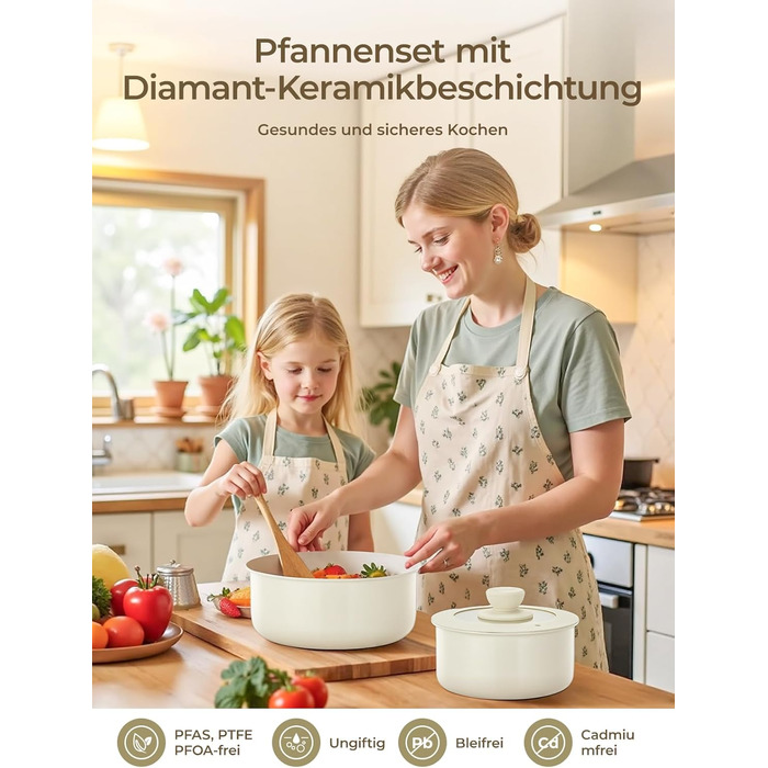 Набір посуду FOHERE 8 предметів: каструлі та сковороди з 2 знімними ручками, сковорода 20/28 см, каструлі 2.6/1.4 л, підходить для всіх плит (індукція), безпечний у духовці та посудомийній машині, бежевий