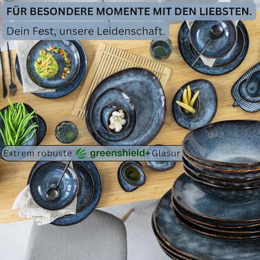 Sänger Tafelservice Tokio 24: Набір посуду з 24 предметів для 8 осіб, Steingut, сучасний ручної роботи, темно-синій з чорними акцентами | PREMIUM COLLECTION