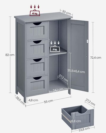 Тумба для ванної кімнати VASAGLE, вузька, 4 ящики, дверцята шафи, регульована полиця, 30x55x82 см, Dove сірий