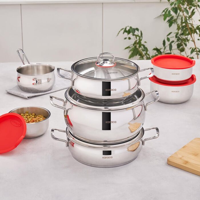 Набір кухонного посуду Karaca Stahl 13 предметів з контейнерами для зберігання - високоякісний нержавіюча сталь для приготування та зберігання їжі