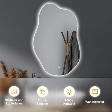 Дзеркало для ванної кімнати Badspiegel 70x50см з підсвічуванням 3 кольори, сенсорне керування, прямокутне, 62x90см, енергоклас A++