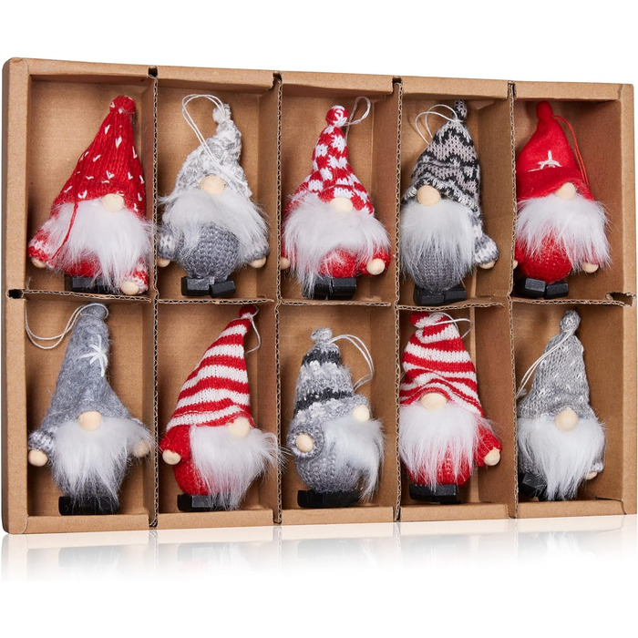 Набір з 10 предметів Різдвяний гном - дерево/трикотаж - ялинкова прикраса - 9 см - подарункова коробка