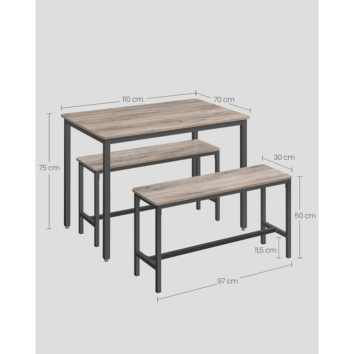 Набір обідніх столів VASAGLE, 3 шт. и, вінтажний коричневий чорнило чорний, стіл 70x110x75 см, лавки 30x97x50 см