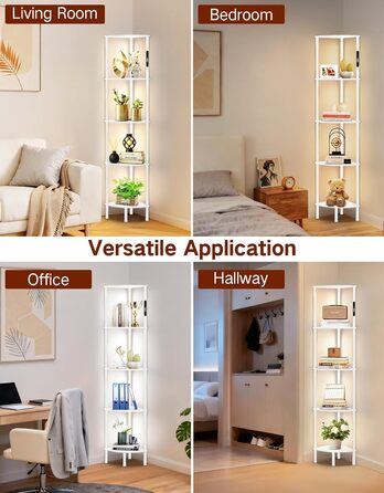 LED торшер з полицею, 3 режими світла, димування (сенсор/пульт), кутова полиця 5-рівнів, вузький книжковий стелаж для вітальні, спальні, офісу (білий)