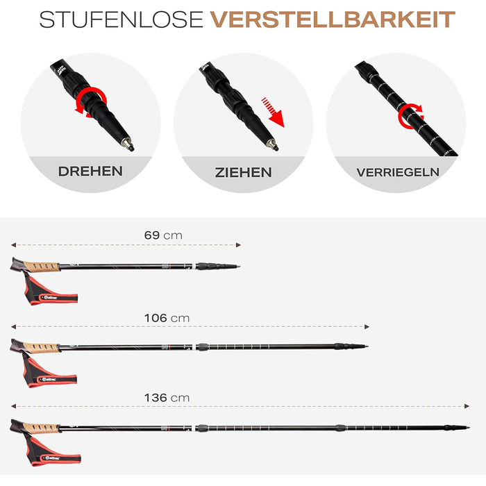 Класичні туристичні палиці для скандинавської ходьби Attrac 69-136см Кольори Трекінгові палиці Алюмінієві палиці з протиударною амортизацією I Телескопічні регульовані та легкі з тренуванням і додатком I Opt. Сумка для перенесення чорно-червона