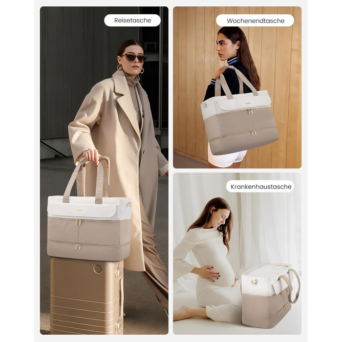 Сумка-валіза LOVEVOOK для жінок, 45L, Weekender, ручна поклажа, велике відкривання, сумка для пологового будинку, спортивна сумка, дорожня сумка, з відділенням для взуття та мокрою білизною, для подорожей, Gym, beige+khaki