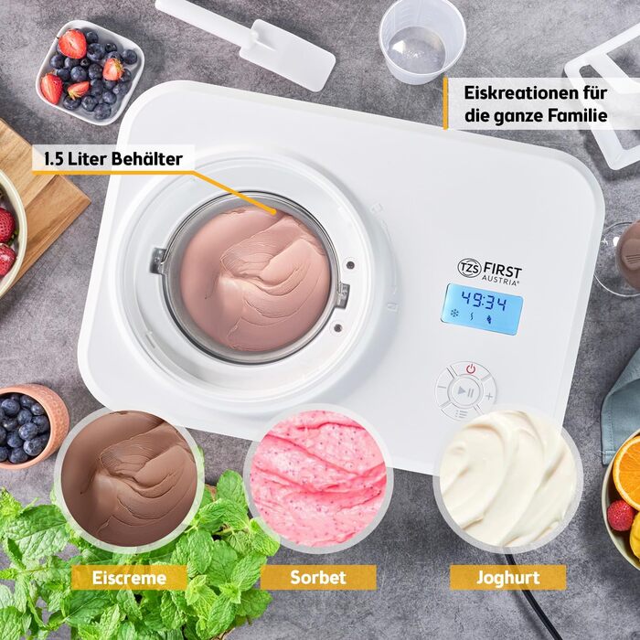 Електрична машина для приготування морозива TZS First Austria 1L з компресором 3 в 1 - для морозива, сорбету та замороженого йогурту. Включає мірний стакан та шпатель.