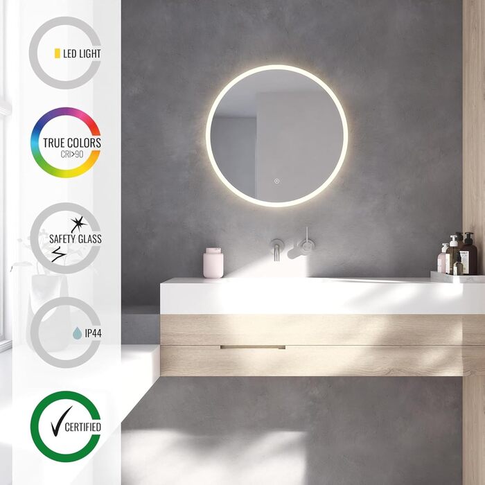 Дзеркало для ванної кімнати Loevschall Atlas з підсвічуванням, кругле, 60 см, без рами, сенсорне керування, LED-підсвічування, регульована яскравість, 60x60 см