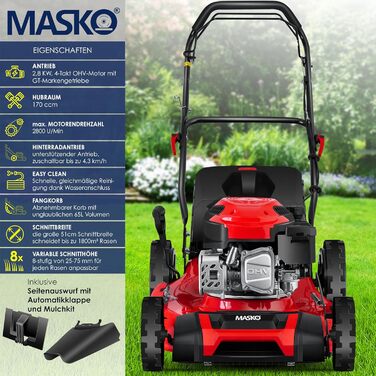 Бензинова газонокосилка MASKO® 5в1 | Ширина косіння 51 см | 8 положень висоти стрижки | 4-тактний OHV двигун 6.0 PS | Об'єм кошика 65 літрів | З набором для мульчування, бічний викид | Червоний / Чорний