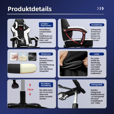 Ігровий крісло, ергономічний офісний стілець з телескопічною підніжкою, підголівник та підтримка попереку, регульований та поворотний, 150 кг, білий