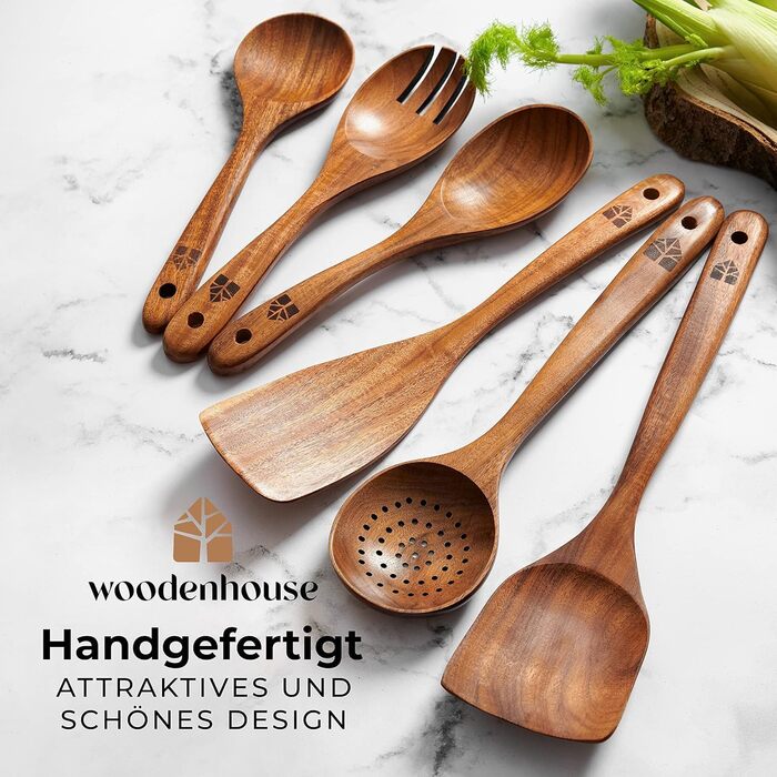 Дерев'яні лопатки для кухні - набір з 6 шт. з текового дерева (лопатки та лопатка для смаження) - натуральні, для антипригарного посуду, стійкі до високих температур