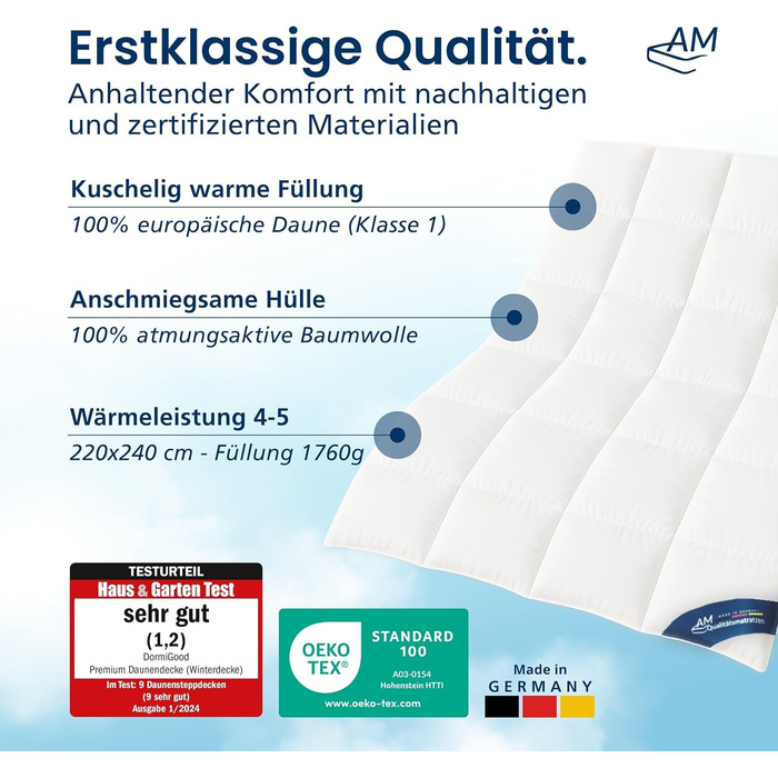 Пухове ковдра DormiGood 35x200 см - цілорічна, Made in Germany, 100% пух, дихаюча, сертифікат Oeko-Tex, розмір 220x240 см (зимовий ковдра)