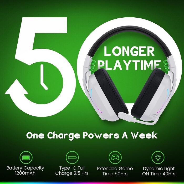 WG1 Bluetooth навушники для ігор: бездротові, з мікрофоном, для PS5, PS4, PC, Switch, Mac, LED-підсвітка, 50 годин роботи, Satinweiß