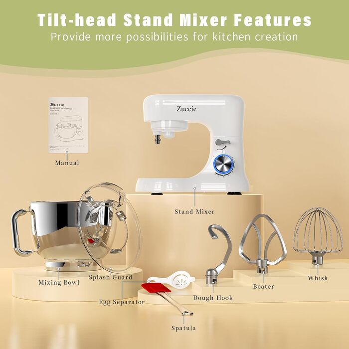 Кухонна машина Zuccie з тихою роботою, місткістю 5л, з нержавіючою чашею, 3 насадки, сплітц-захист, скребок для тіста та роздільник яєць, 8+ швидкостей.