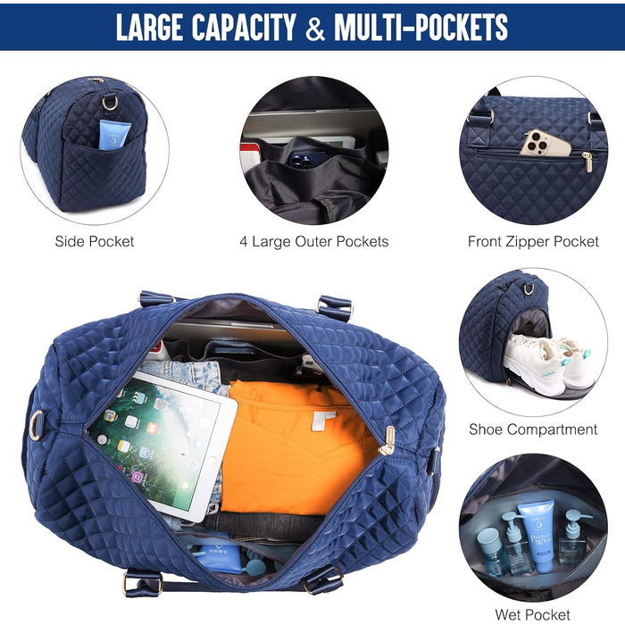 Спортивна сумка OVEVOOK для подорожей, жіноча, Weekender, сумка для вихідних, Kiniktasche, сумка для пологів з косметичкою, відділення для взуття та мокрого одягу, водонепроникна, Gym Bag, ручна поклажа для авіаперельотів, чорна (L, Морська хвиля)