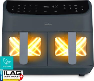 MEDION P20 XXL Фритюрниця з гарячим повітрям з 2 камерами (8,7 л, Airfryer, 2600 Вт, подвійна камера, 10 автоматичних програм, 2 висувні ящики, віконце, Dual Airfryer, ILAG PFAS-free, MD11760) матово-білий, матово-сірий