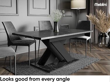 Обідній стіл MebleIni Bronx - розсувний, білий глянцевий, 140-180x80x75 см, стільниця з чорного мармуру/чорного мату