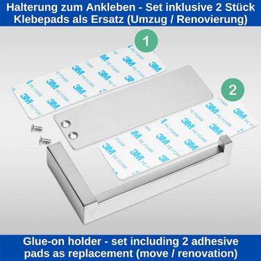 Клейкий тримач для туалетних рулонів, нержавіюча сталь, настінний, без свердління, 2 x клейкі накладки, глянцевий, сріблястий, тримач для туалетних рулонів (макс. 50 символів)