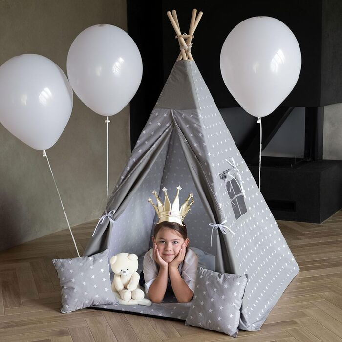 Дитяче намет PaLulli® Tipi з бавовни, з м'яким килимком, системою стабілізації, лампою-ліхтарем та декоративними подушками (сірий зі зірками)