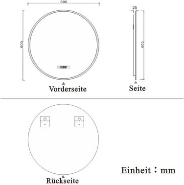 Круглий LED дзеркало для ванної кімнати 70 см з підсвічуванням, сенсорне керування, протизапотівання, Alpha Серія, холодний білий світ, 60x60 см, годинник