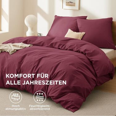 BEDSURE Комплект постільної білизни 135x200, бавовна, 4-х частинний - комплект постільної білизни, простирадло та 2 наволочки 80x80 см, Oeko-TEX, трав'яний колір з блискавкою (155 x 220 см, бордовий)