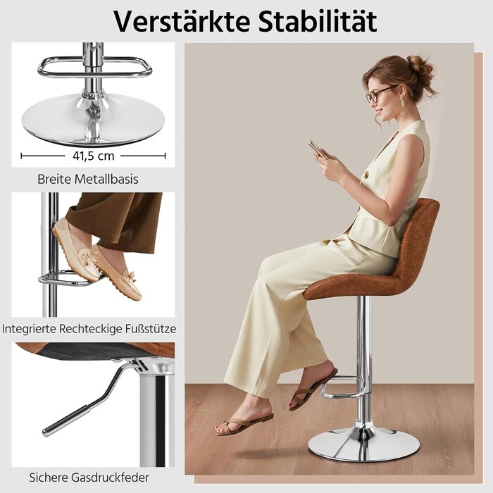 Барні стільці Yaheetech - набір з 4 шт., регульована висота, обертання 360°, з підніжкою, PU-шкіра, чорний/ретро-коричневий