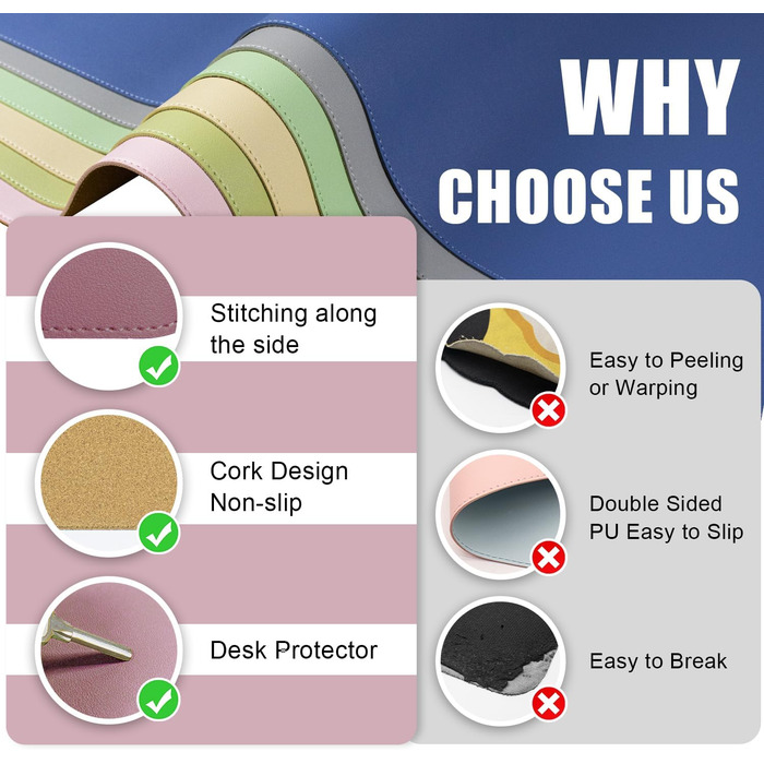 Шкіряний килимок для столу BLESWIN, великий протиковзкий підкладник під мишу та клавіатуру для ноутбука та комп'ютера, офісний настільний мат для письма (90x43 см, рожево-ліловий)