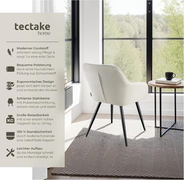 Тектейк® 4X Крісло для їдальні з підлокітниками, оббивка Cord, Lounge-крісло, для вітальні, кухні, офісу - (Набір 6 шт., Кремовий/Чорний)