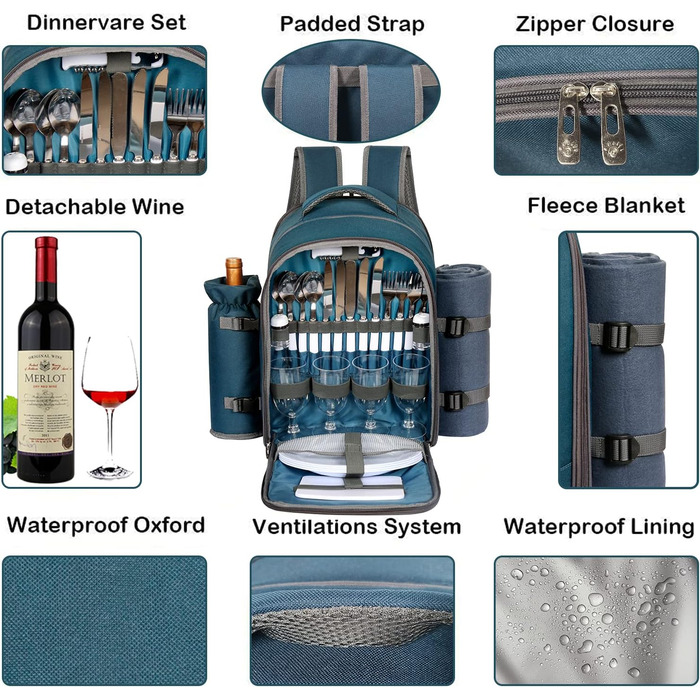 Набір для пікніка Hap Tim на 4 особи з термосумкою, деком, набором столових приборів та тримачем для вина (блакитний)