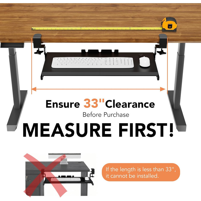 Висувна полиця під клавіатуру під стіл, чорна, з міцним C-кріпленням, 27.3x27.9 см (82.5 см з кріпленнями)