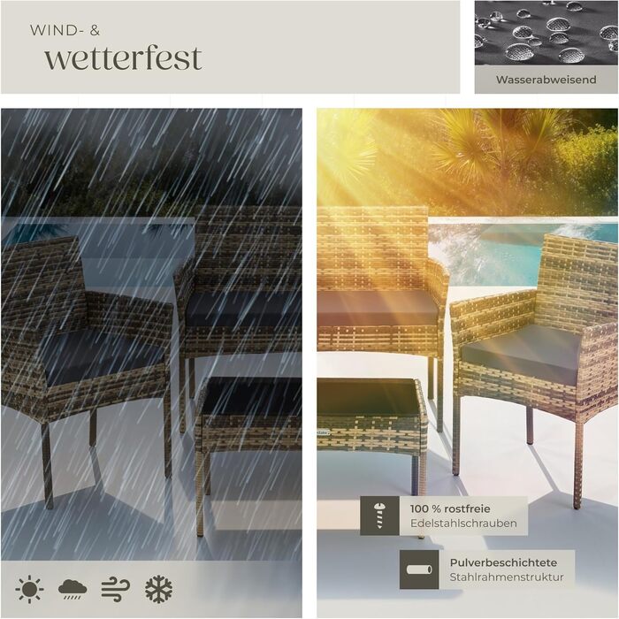 Набір садово-розкладних меблів tectake® з ротангу: банкетка, 2 крісла, столик, подушки, для балкона/тераси