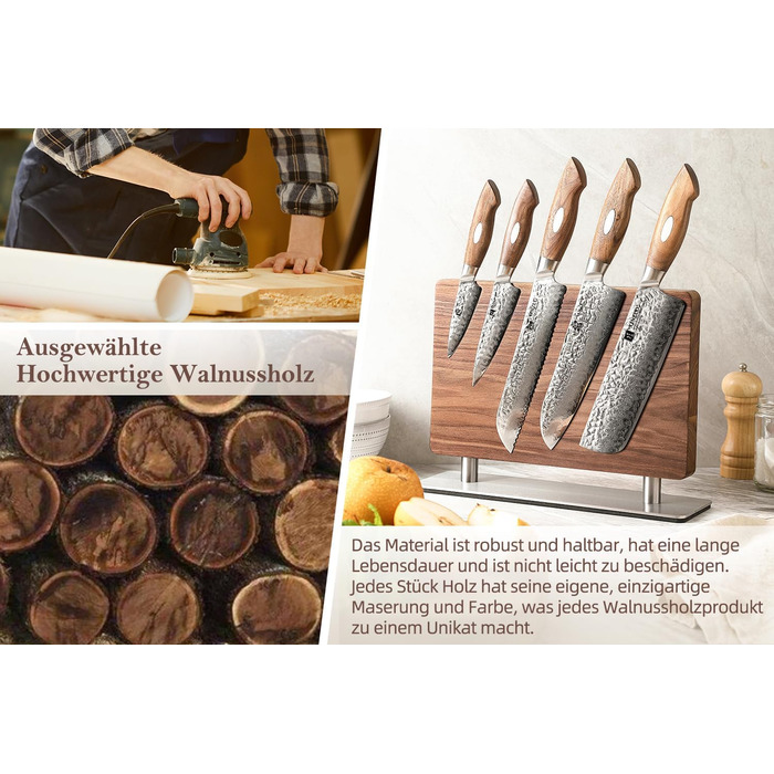 Блок для ножів XINZUO з волоського горіха, магнітний, двосторонній - тримач для ножів без ножів, для кухні, легко миється, з подарунковою коробкою