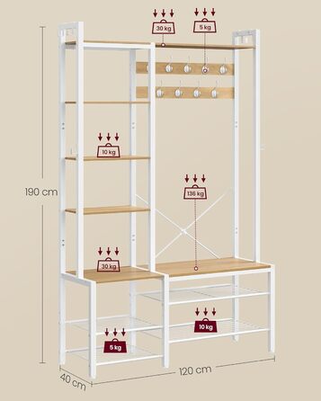Вільна стійка для одягу VASAGLE з полицею для взуття, 5 поличок, 9 тричі гачки, 6 бічних гачків, 40 x 120 x 190 см, вінтажний колір, HSR426B01