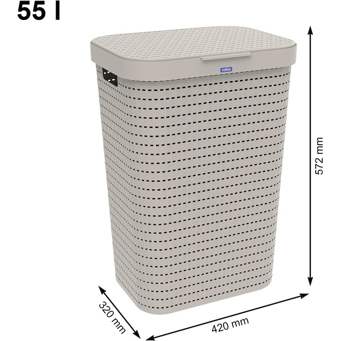 Колектор для білизни Rotho Country 55L з кришкою з ротанга, пластик (поліпропілен) без бісфенолу А, для капучіно, 55 л (42,0 x 32,2 x 57,7 см), з кришкою з ротанга, без бісфенолу А, для капучіно, (42,0 x 32,2 x 57,7 см)