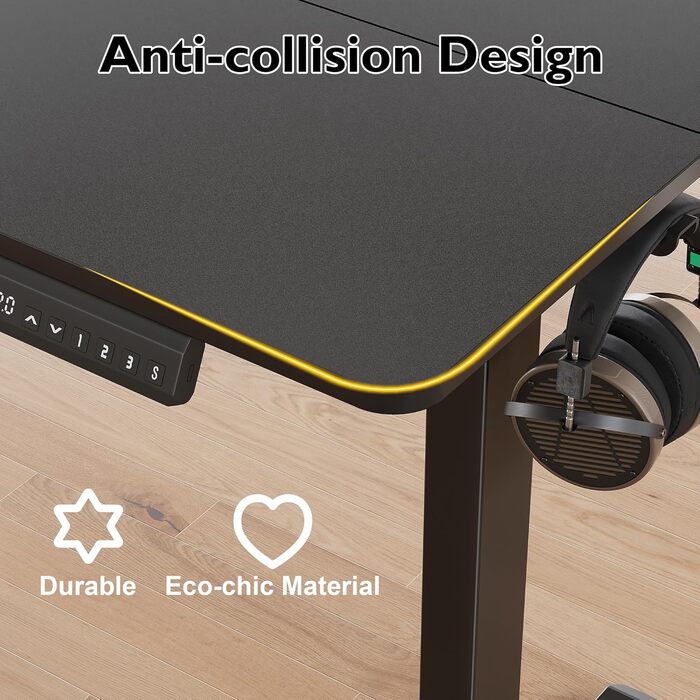 Електричний регульований стіл BONTEC 120x60 см з LED-дисплеєм, 3 пам'яті висоти, тримач для навушників, чорний